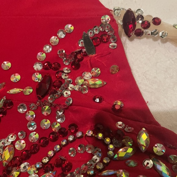 Party Time Formals - Red long Evening Prom gown rhinestones with train - Picture 6 of 12